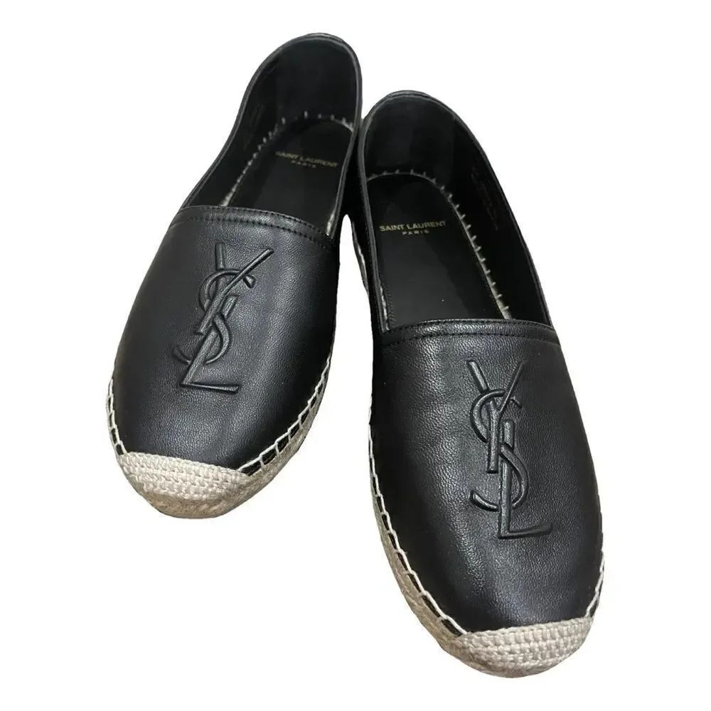 YSL Saint Laurent Black Nappa Leather Espadrilles Flat Shoes Logo